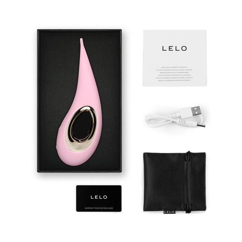 LELO DOT Elliptical Clitoral Stimulator Pink in packaging with accessories and instruction card.