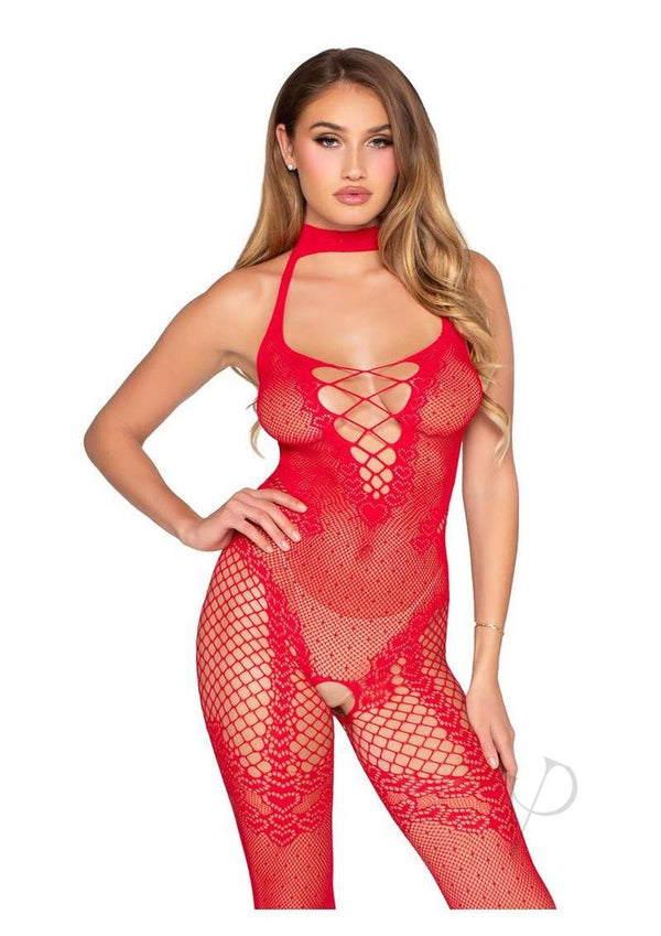 Leg Avenue Seamless Dotted Net Crotchless Lingerie Jumpsuit Red on model showcasing its sexy design and fit.