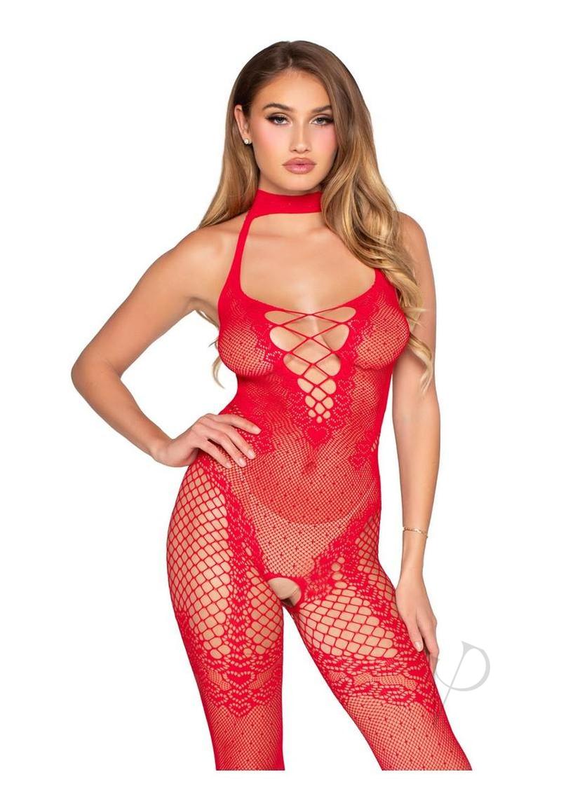 Leg Avenue Seamless Dotted Net Crotchless Lingerie Jumpsuit Red on model showcasing its sexy design and fit.
