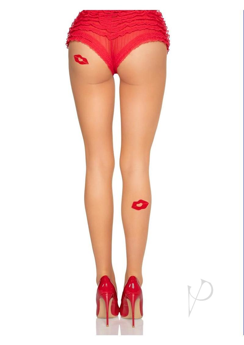 Leg Avenue Spandex Sheer Tights with Kiss Accents OS worn with red shorts and high heels, featuring embroidered kiss marks.