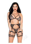 Leg Avenue Shimmer Net Bra Top G-String Panty 4 Piece Set featuring a bra, garter, and wrist ties in a seductive design.