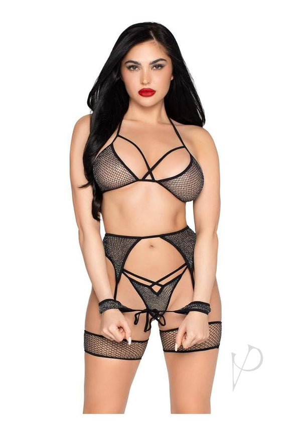 Leg Avenue Shimmer Net Bra Top G-String Panty 4 Piece Set featuring a bra, garter, and wrist ties in a seductive design.