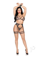 Leg Avenue Shimmer Net Bra Top G-String Panty 4 Piece Set model wearing the set with garter and wrist ties.