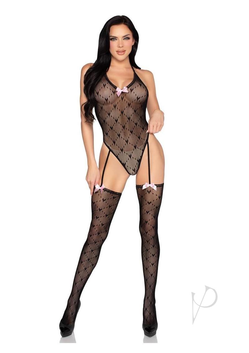 Leg Avenue Mini Heart Trimmed Heart Net Teddy with Stockings Black displayed on model in seductive pose.