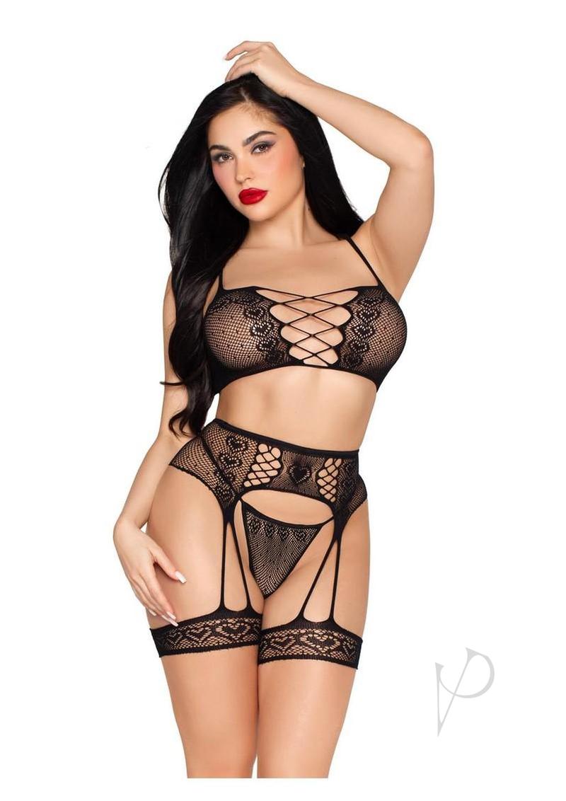 Leg Avenue Dotted Net Bra Top with Heart Detail 3 Pc Black model displaying lingerie set with dotted design and garter.