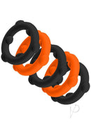 Oxballs Gearheads Silicone Spinner Cock Rings 5 Pack in black and orange, showcasing flexible silicone design.