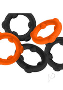 Oxballs Gearheads Silicone Spinner Cock Rings 5 Pack in bold orange and black colors.