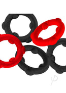 Oxballs Gearheads Spinner Cock Rings 5 Pack Red and Black featuring liquid silicone rings in red and black.
