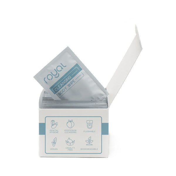 Royal Condom Intimacy Cleansing Wipes Box 30 Count with individually wrapped cleansing wipes.