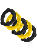 Oxballs Gearheads Spinner Cock Rings 5 Pack Yellow Black showcasing colorful silicone rings in a dynamic arrangement.