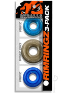 Oxballs Rimringz Multi Size Cock Rings 3 Pack Cool Blue packaging with three differently sized rings in blue and clear.