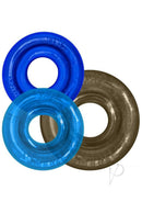 Oxballs Rimringz Multi Size Cock Rings 3 Pack Cool Blue in various colors, showcasing soft inner comfort lips and rubbery grip.