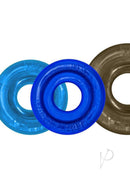 Oxballs Rimringz Multi Size Cock Rings 3 Pack Cool Blue featuring three comfortable rings in blue and clear colors.