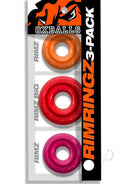 Oxballs Rimringz Multi Size Cock Rings 3 Pack Fire Hots in orange, red, and pink colors.