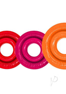 Oxballs Rimringz Multi Size Cock Rings 3 Pack Fire Hots in red, pink, and orange colors displayed side by side.