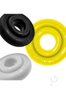 Oxballs Rimringz Multi Size Cock Rings 3 Pack Shockwave in black, white, and yellow colors for comfortable fit.