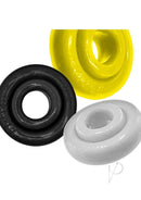 Oxballs Rimringz Multi Size Cock Rings 3 Pack Shockwave in black, yellow, and white colors.