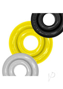 Oxballs Rimringz Multi Size Cock Rings 3 Pack Shockwave in yellow, black, and gray colors.