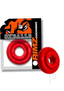 Oxballs Rimz Single Cock Ring Red on packaging, featuring plush rubbery comfort design for a snug fit.