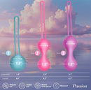 Passion Silicone Weighted Kegel Ball Set showing three weighted exercisers for pelvic floor workouts.
