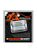 Oxballs Squeeze Short Ballstretcher Clear packaging with detailed features and brand logo.
