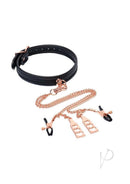 Punishment Choker and Nipple Clamps Rose Gold featuring black collar and rose gold hardware for sensation play.