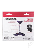 Punishment PU Leather Body Harness Purple and Silver packaging with silver hardware details and bonus blindfold.
