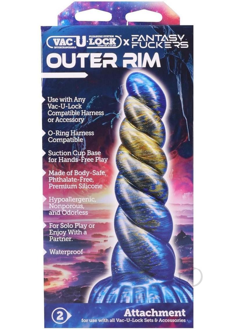 Vac U Lock Fantasy Fuckers Outer Rim Silicone Dildo Blue packaging with product details and features.