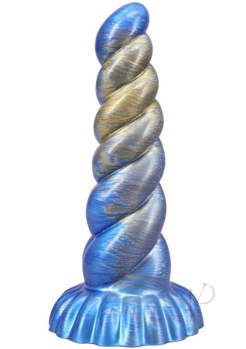 Vac U Lock Fantasy Fuckers Outer Rim Silicone Dildo Blue in spiral design with vibrant blue and gold colors.