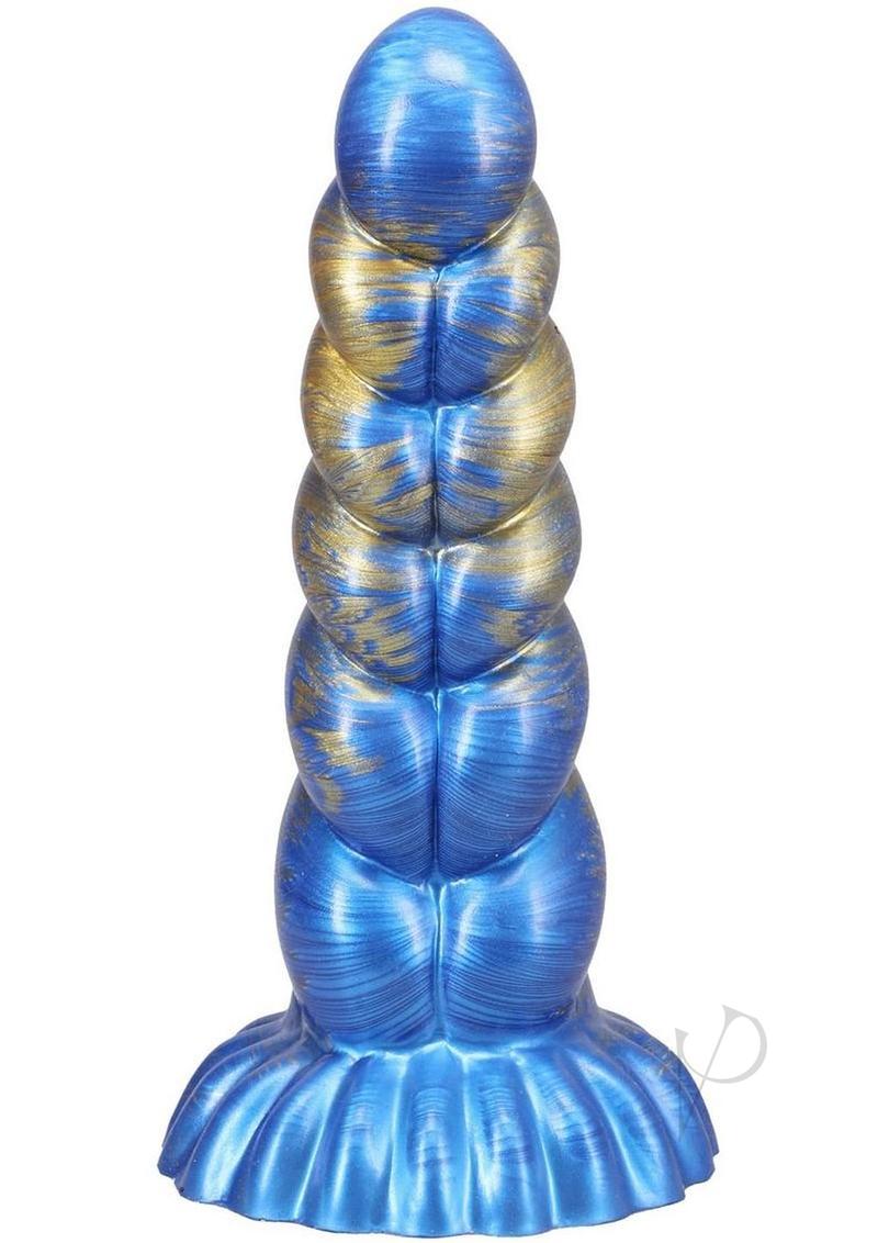Vac U Lock Fantasy Fuckers Outer Rim Silicone Dildo Blue showcasing its unique design and captivating blue and gold colors.