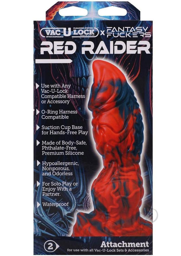Vac U Lock Fantasy Fuckers Red Raider Silicone Dildo Red packaging with features and specifications highlighted.