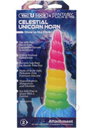 Vac U Lock Fantasy Fuckers Celestial Unicorn Horn Glow Dildo packaging showcasing vibrant design and features.