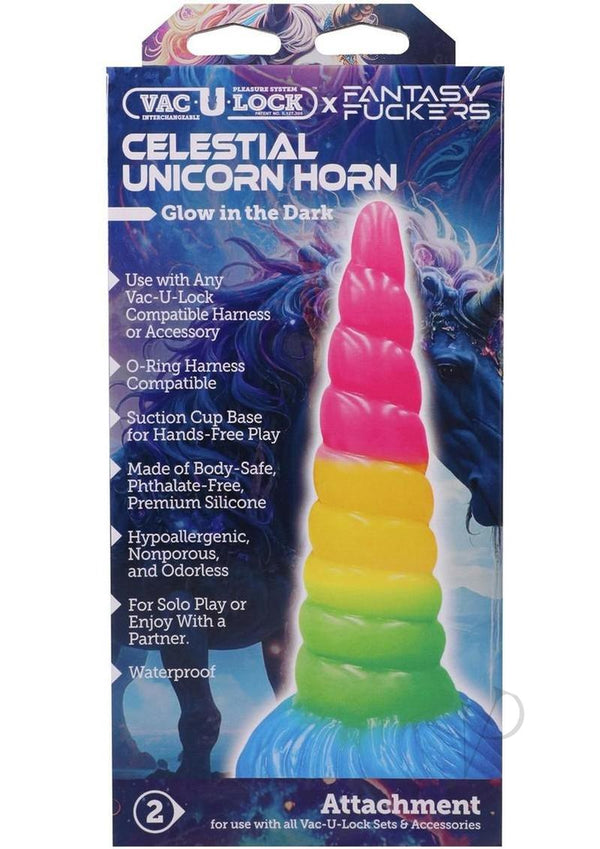Vac U Lock Fantasy Fuckers Celestial Unicorn Horn Glow Dildo packaging showcasing vibrant design and features.