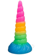 Vac U Lock Fantasy Fuckers Celestial Unicorn Horn Glow Dildo in vibrant rainbow colors.