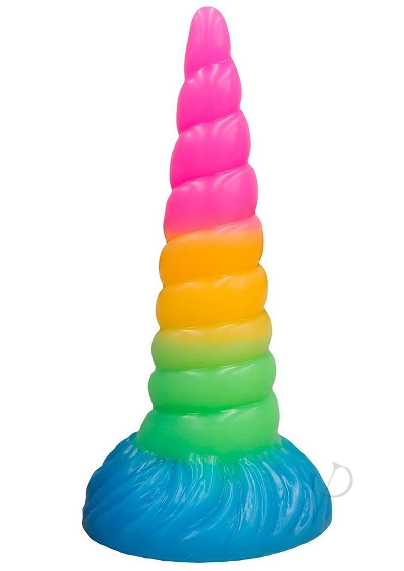 Vac U Lock Fantasy Fuckers Celestial Unicorn Horn Glow Dildo in vibrant rainbow colors.