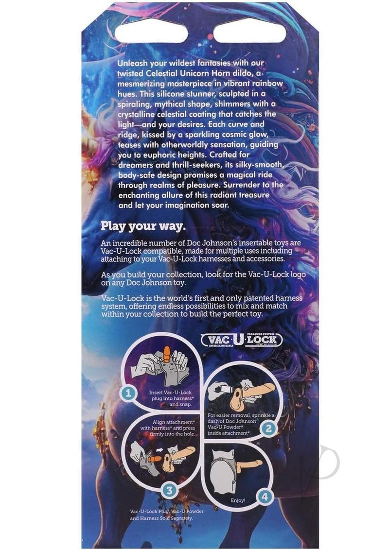 Vac U Lock Fantasy Fuckers Celestial Unicorn Horn Glow Dildo packaging with instructions and vibrant design.