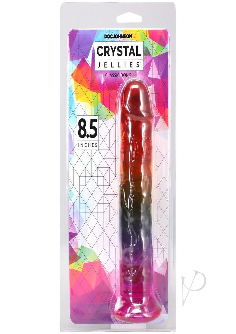 Crystal Jellies Dildo 8.5 inches Rainbow packaging showcasing colorful design and realistic shape by Doc Johnson.