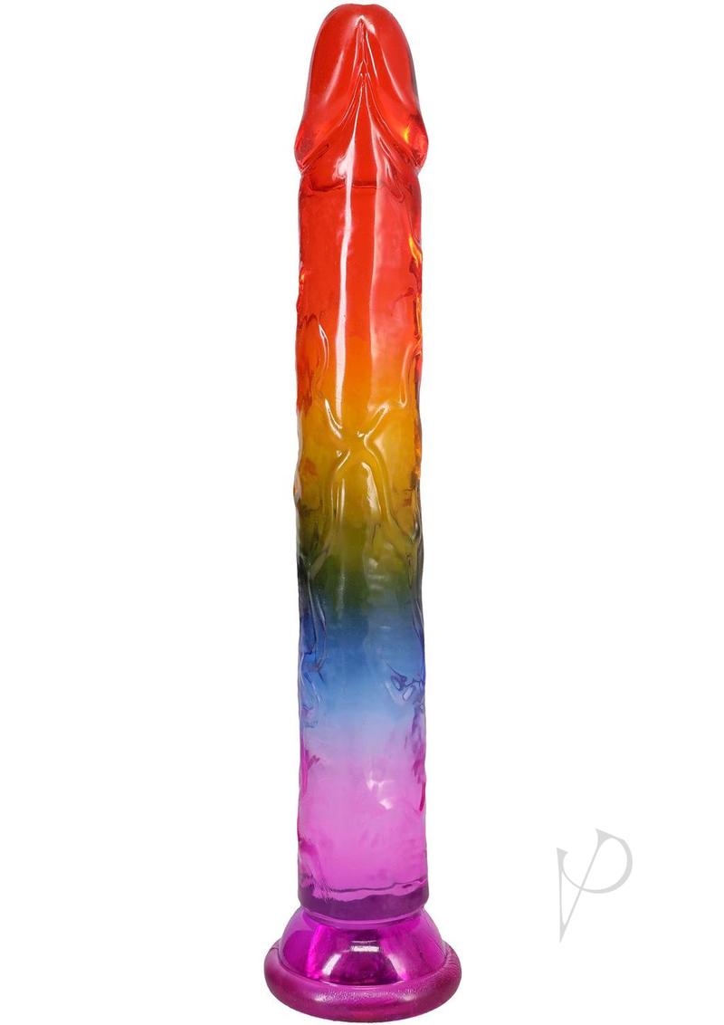 Crystal Jellies Dildo 8.5 inches Rainbow featuring a vibrant gradient of colors and realistic design.