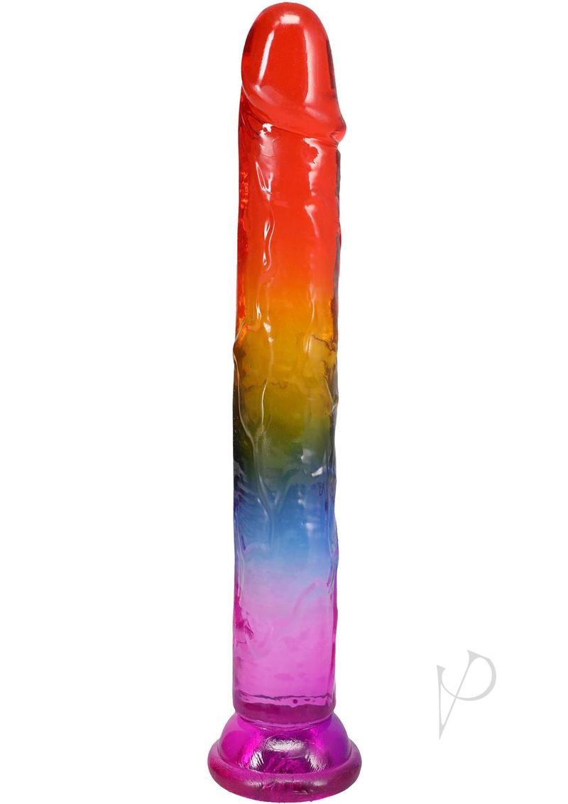 Crystal Jellies Dildo 8.5 inches Rainbow with colorful gradient and realistic shape for pleasurable experiences.