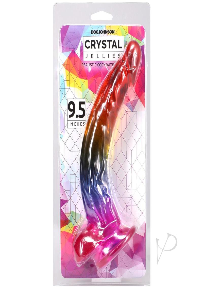 Crystal Jellies Realistic Dildo with Balls 9.5 inches Rainbow in colorful packaging with geometric design