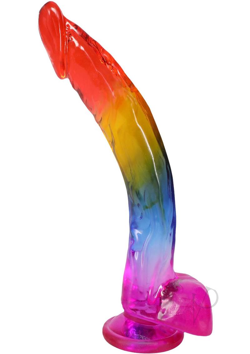 Crystal Jellies Realistic Dildo with Balls 9.5 inches Rainbow in vibrant colors with detailed texture and suction cup base.