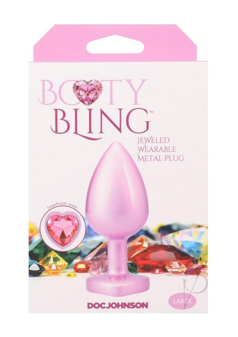 Booty Bling Heart Diamond Jeweled Wearable Metal Plug Large Pink packaging with gem details and branding.