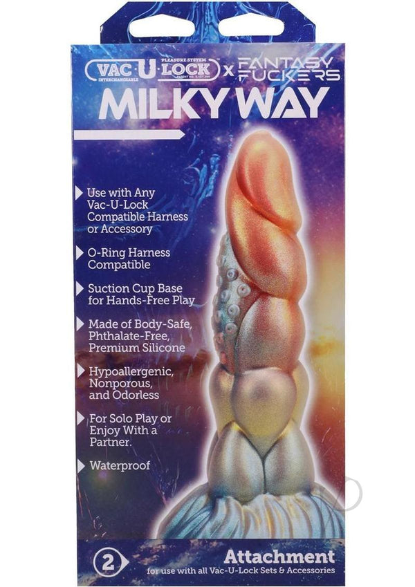 Vac U Lock Fantasy Fuckers Milky Way Silicone Dildo packaging featuring cosmic colors and product details.