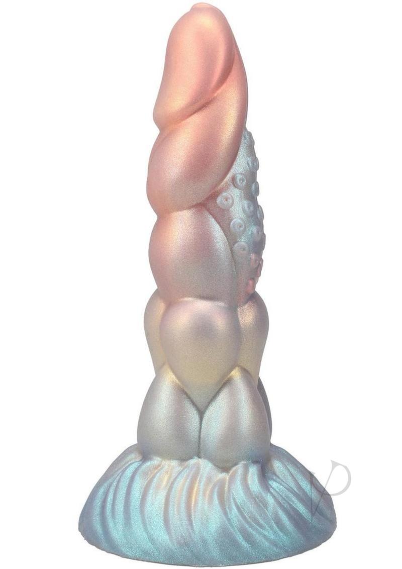 Vac U Lock Fantasy Fuckers Milky Way Silicone Dildo in shimmer colors of blues, whites, and buttercream yellow.