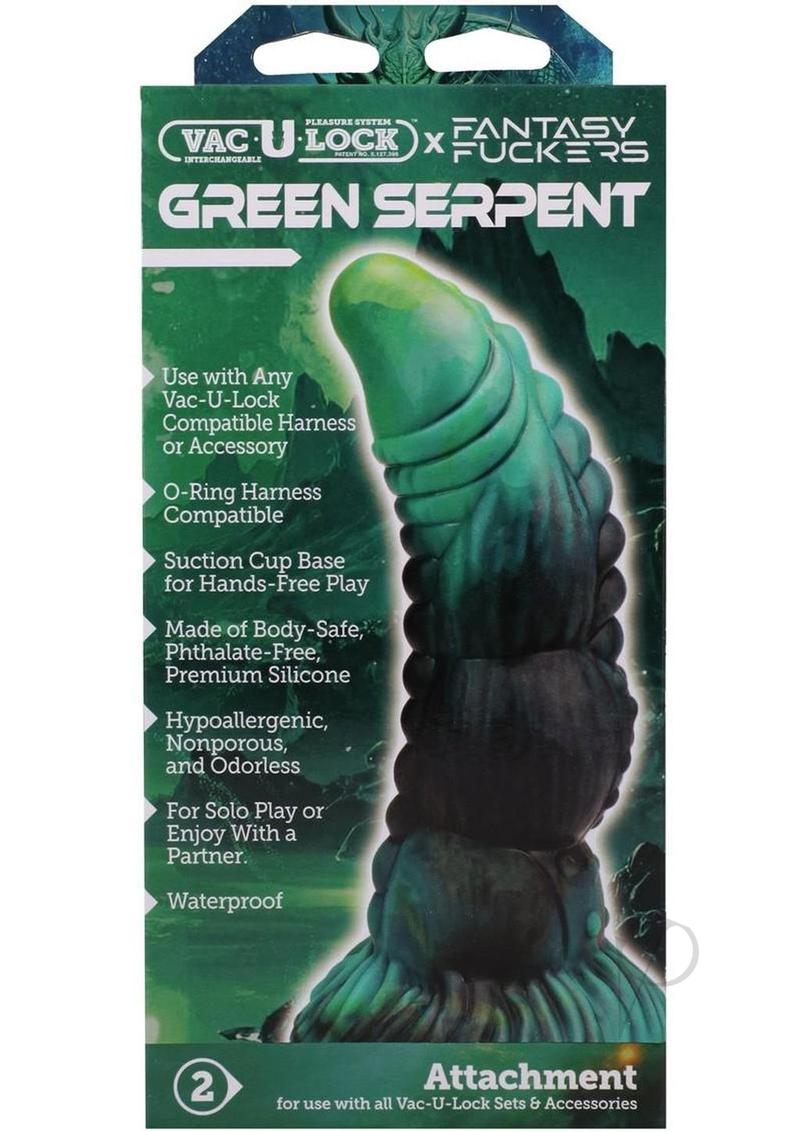 Vac U Lock Fantasy Fuckers Green Serpent Silicone Dildo packaging with suction cup base and harness compatibility.