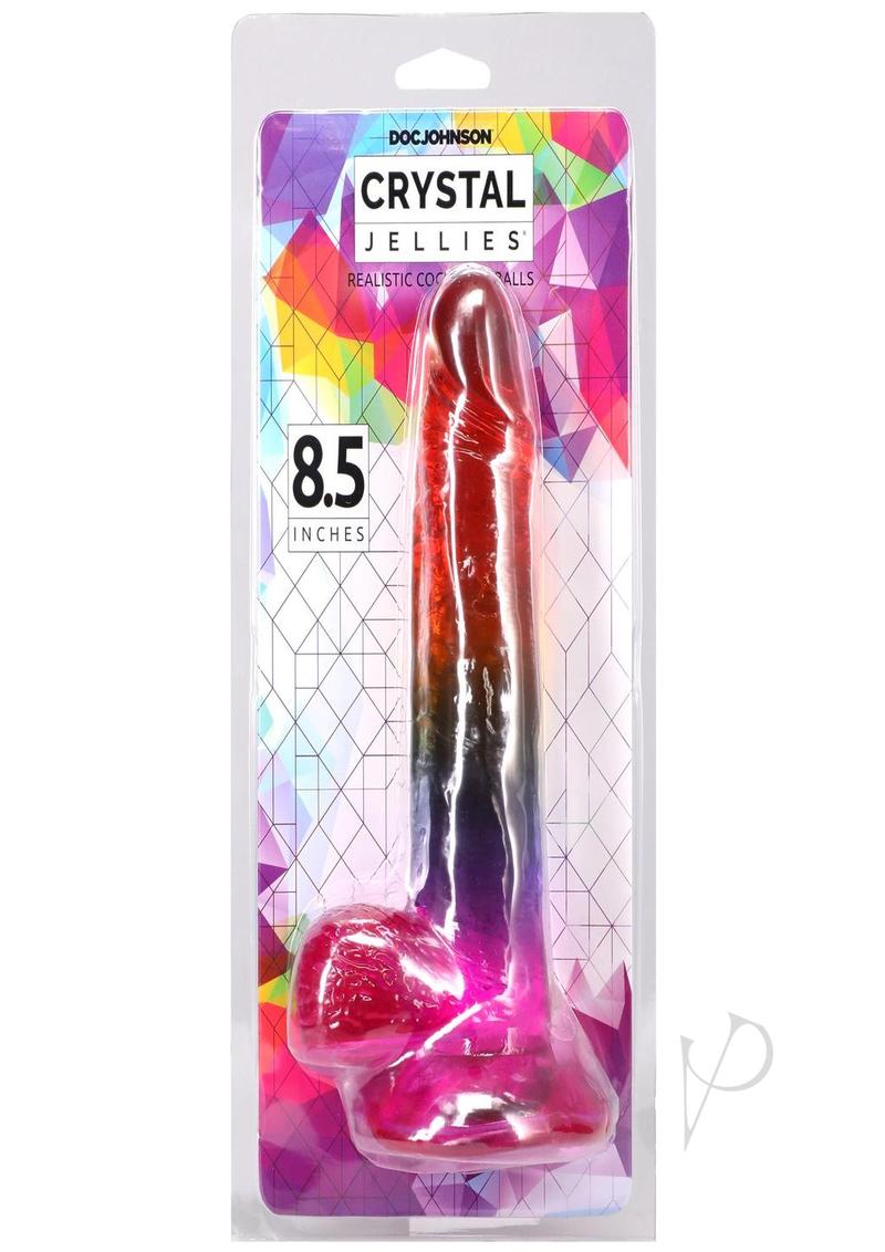 Crystal Jellies Realistic Dildo with Balls 8.5 inches Rainbow packaging with vibrant colors and detailed design.