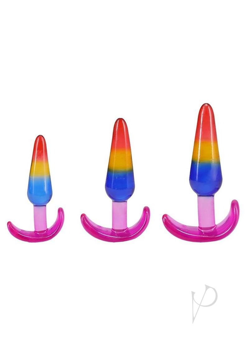 Crystal Jellies Anal Trainer Set 3 pc Rainbow showing three vibrant anal plugs in colorful gradient design.