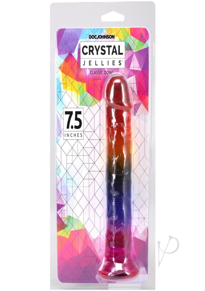 Crystal Jellies Dildo 7.5 inches Rainbow in colorful packaging by Doc Johnson, showcasing its smooth, flexible design.