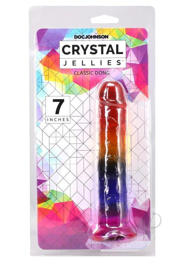 Crystal Jellies Dildo 7 inches Rainbow packaging with vibrant colors and classic design from Doc Johnson.