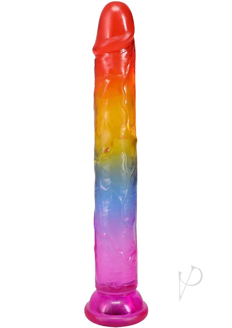 Crystal Jellies Dildo 7 inches Rainbow - Vibrantly colored dildo with veiny texture and translucent finish.